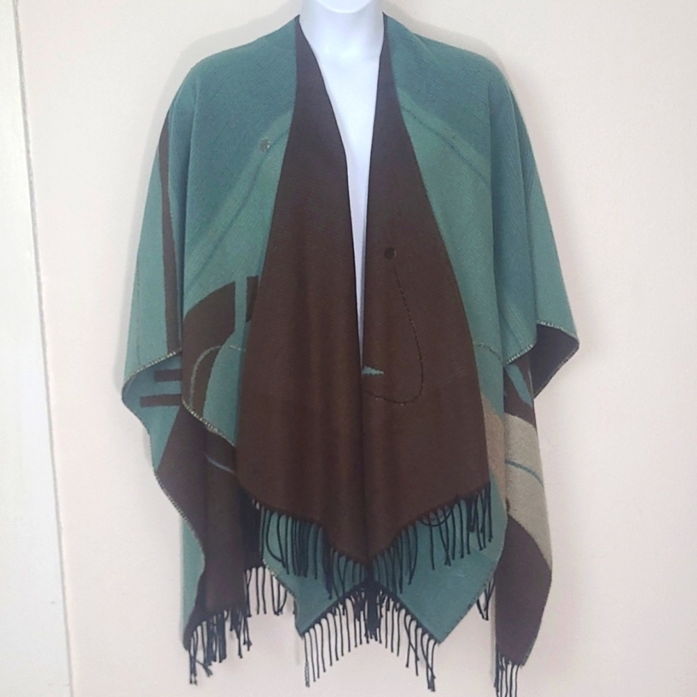 Reversible Ruana Wrap Cape Turquoise & Brown Soft Knit Boho Fringe Shawl XL 1 sz - Picture 2 of 14